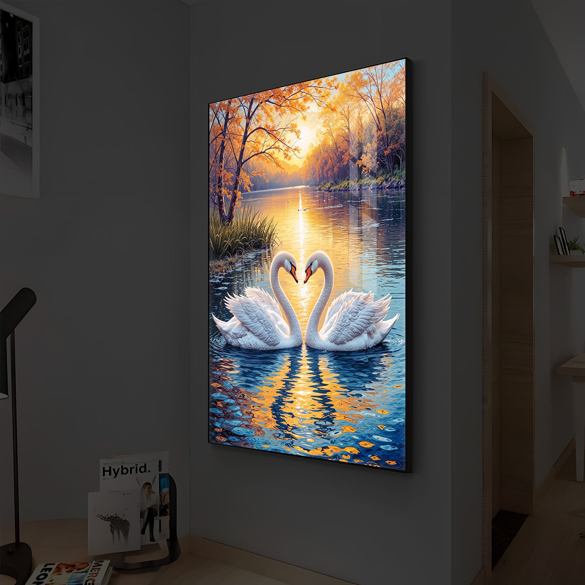 Romantic Swan Modern Luxury Backlight Vertical Wall Art
