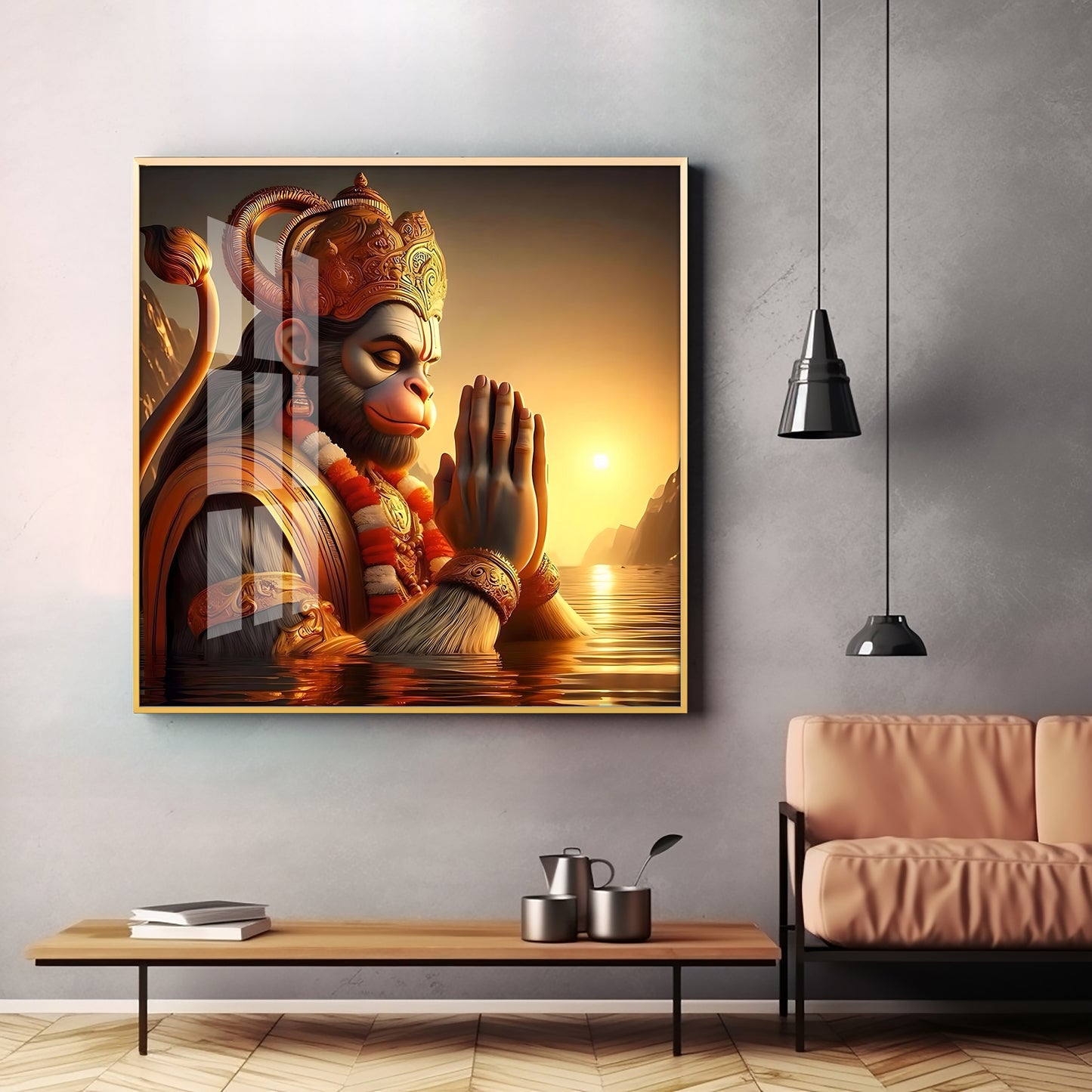 Hanuman Ji Worshipping Premium Acrylic Square Wall Art