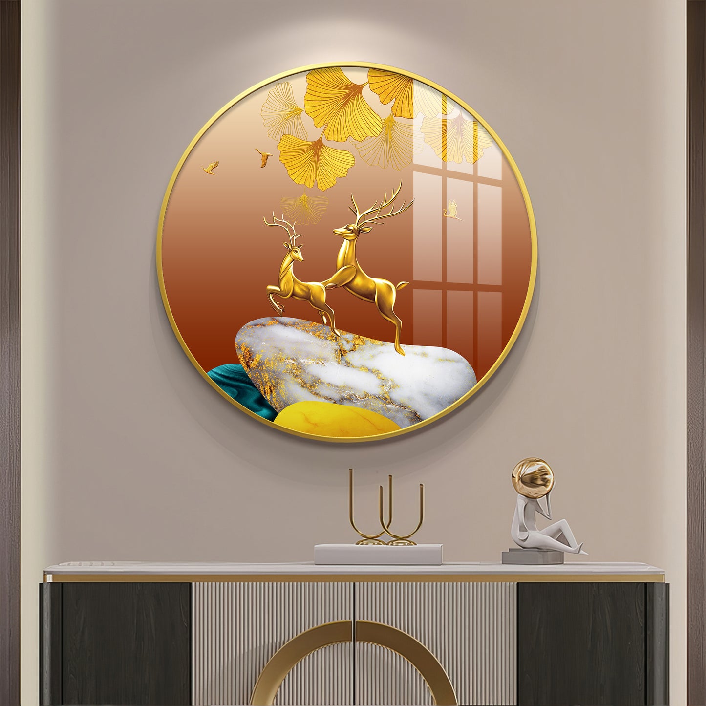Golden Deer Duo Premium Acrylic Round Wall Art