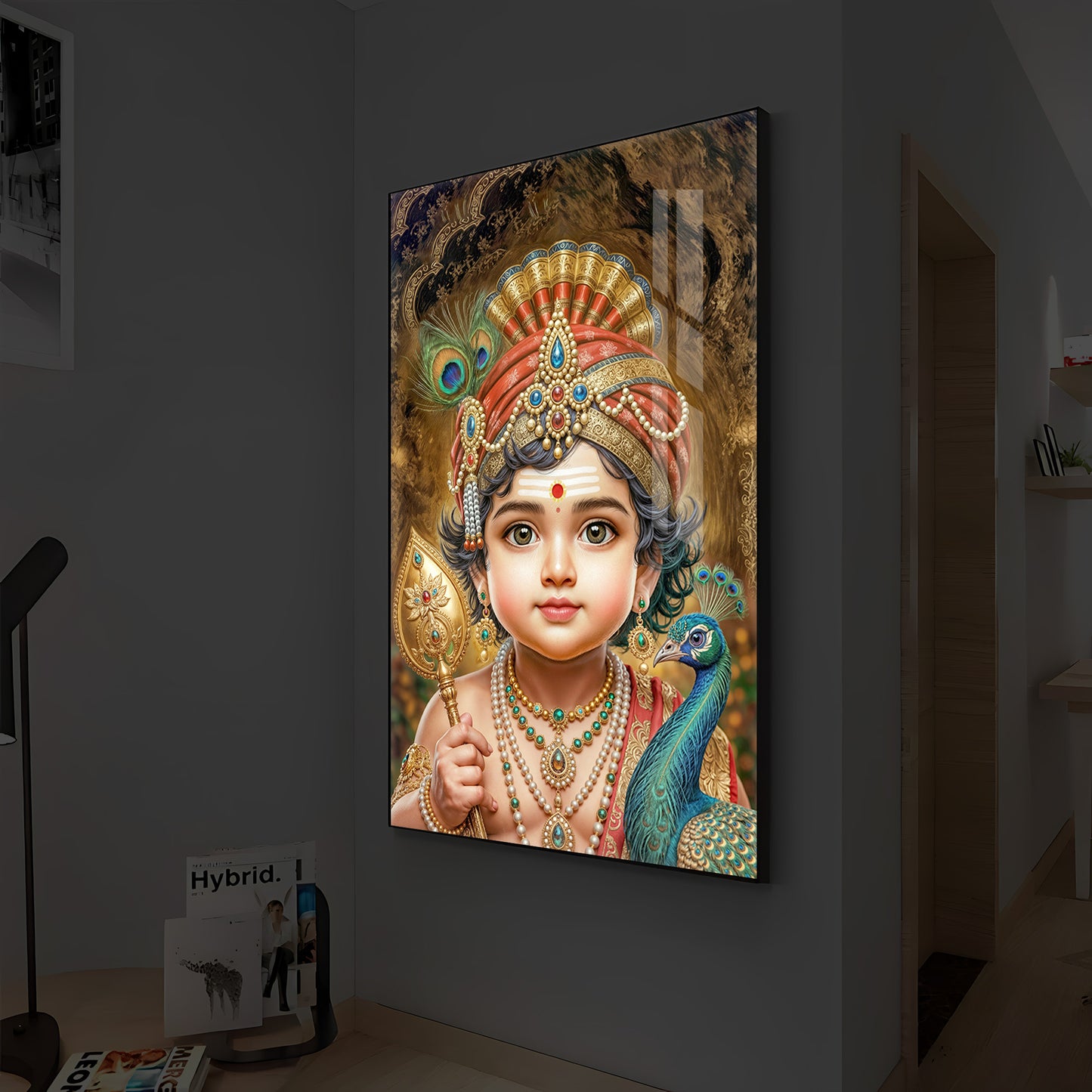 Little Murugan With Peacock Modern Luxury Backlight Vertical Wall Art