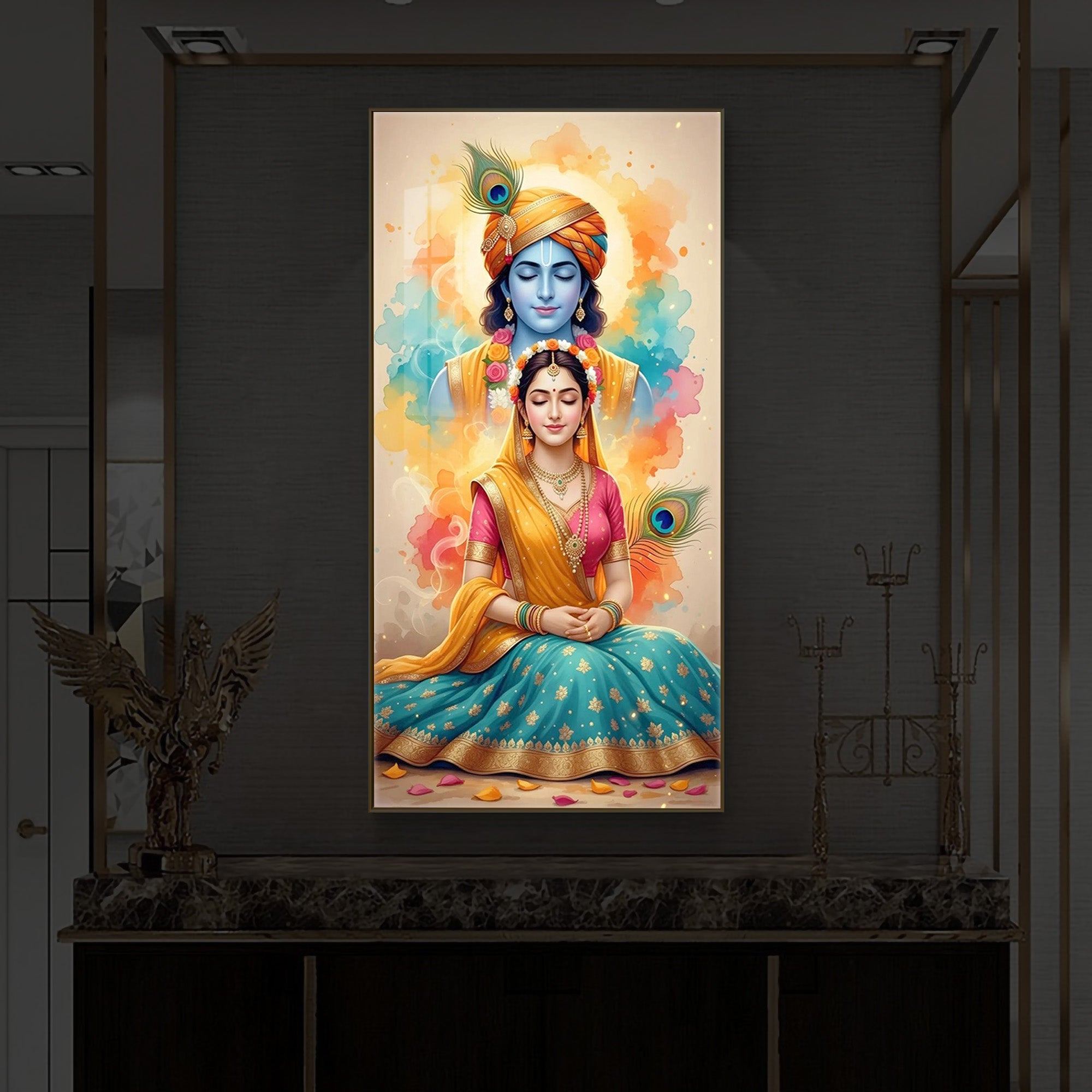 Radhe Krishna Modern Luxury Backlight Vertical Wall Art