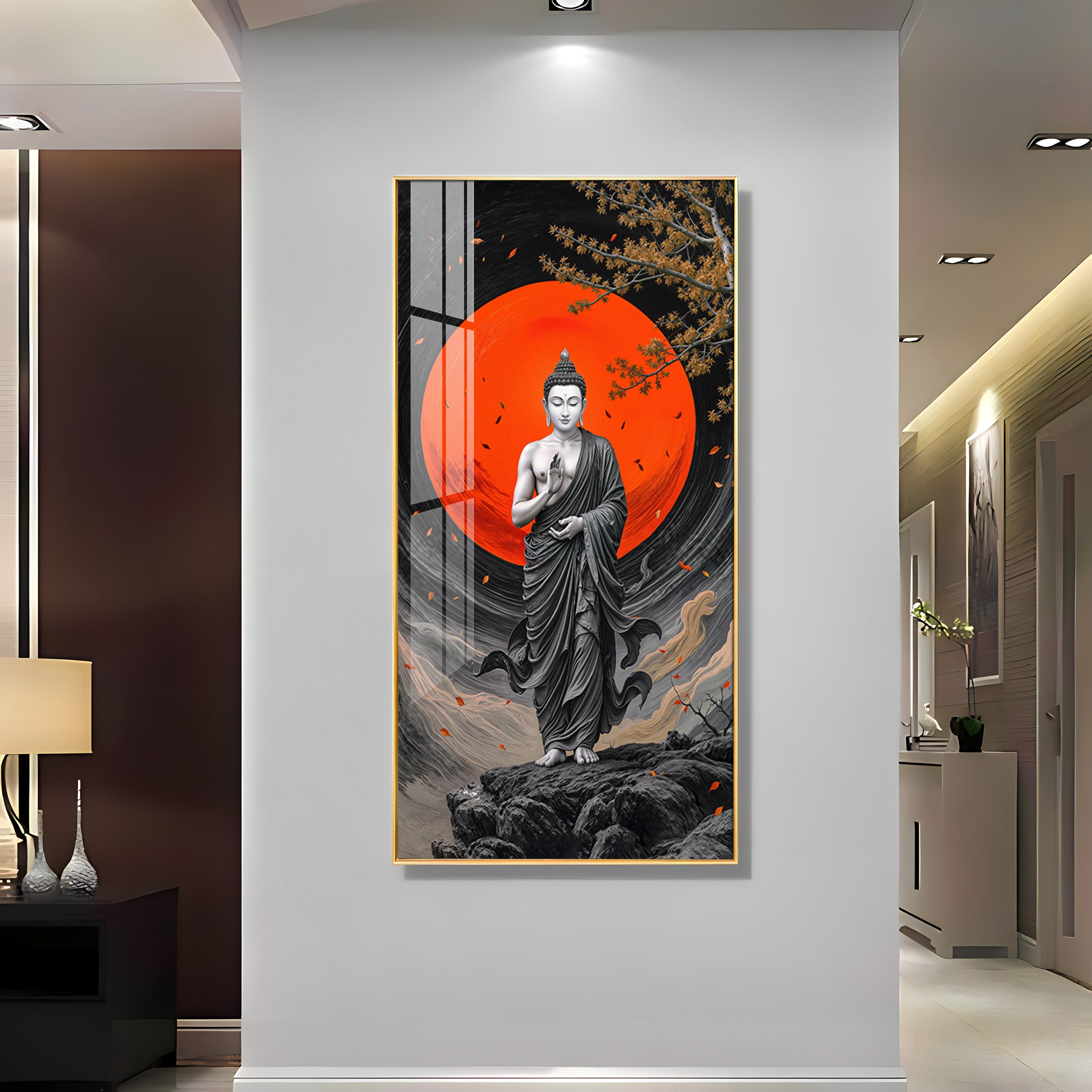 Namo Buddhay Modern Luxury Backlight Vertical Wall Art