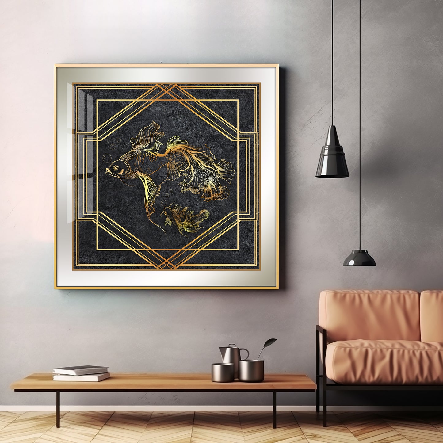 Modern Fashionable Gold Foil Goldfish Premium Acrylic Square Wall Art