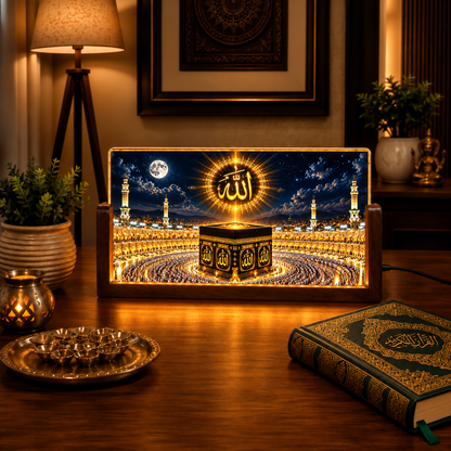 Glowing Allah & Kaaba Acrylic LED Table Lamp - Wooden Stand