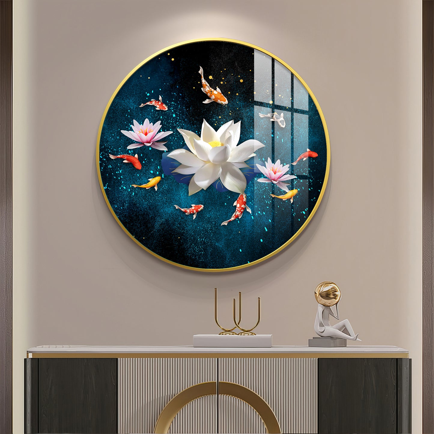 Lotus and Fish Premium Acrylic Round Wall Art