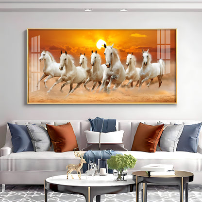 White 7 Running Horses Premium Acrylic Horizontal Wall Art