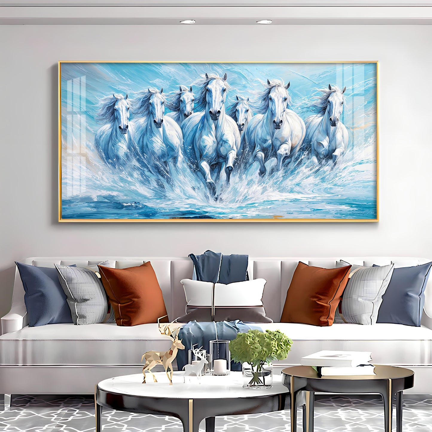 Running Horses in River Premium Acrylic Horizontal Wall Art