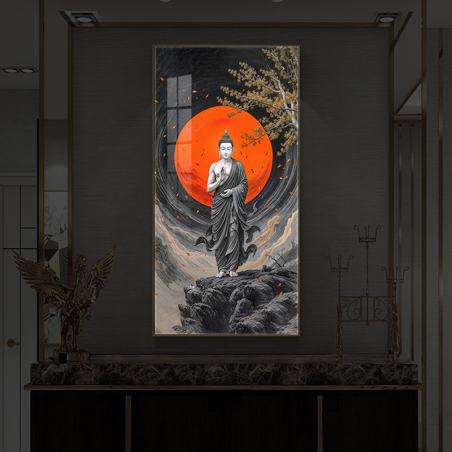 Namo Buddhay Modern Luxury Backlight Vertical Wall Art