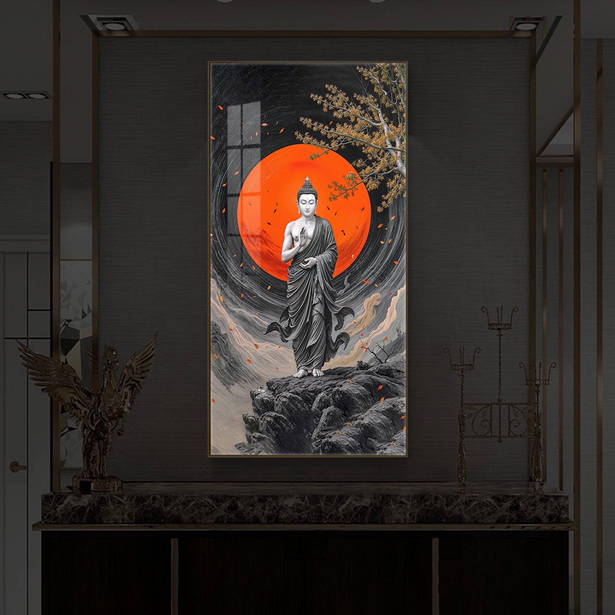Namo Buddhay Modern Luxury Backlight Vertical Wall Art