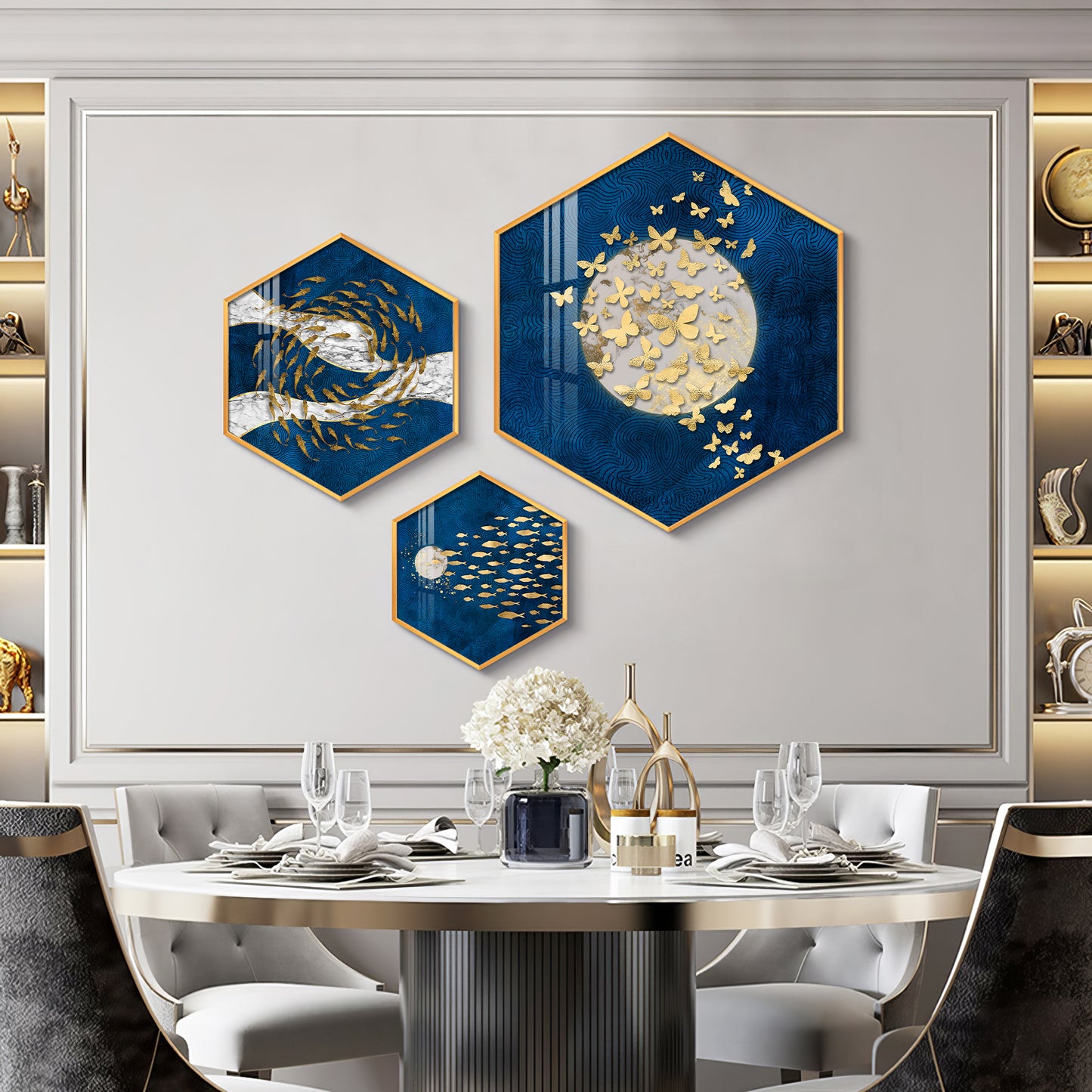 Golden Fish And Butterfly Premium Acrylic Hexagon Wall Art (Set of 3)