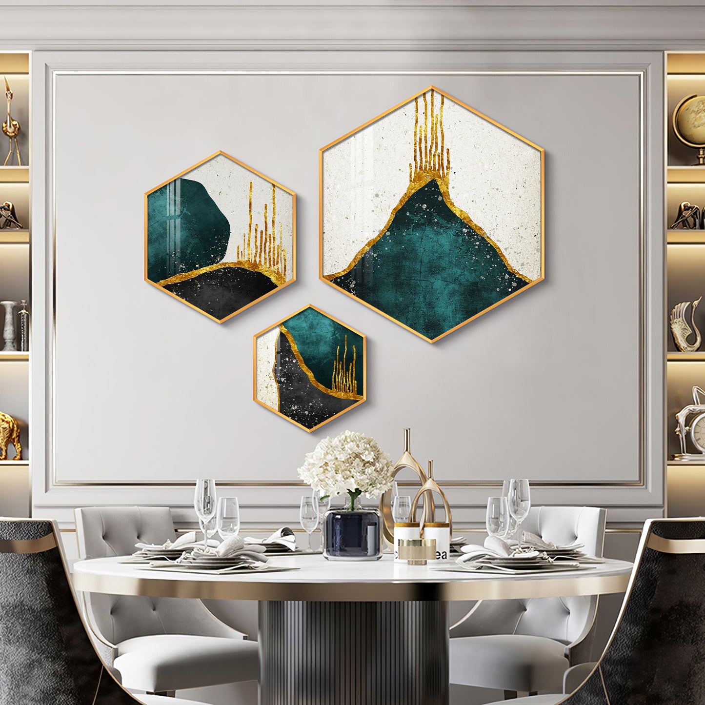 3D Metallic Abstract Premium Acrylic Hexagon Wall Art (Set of 3)