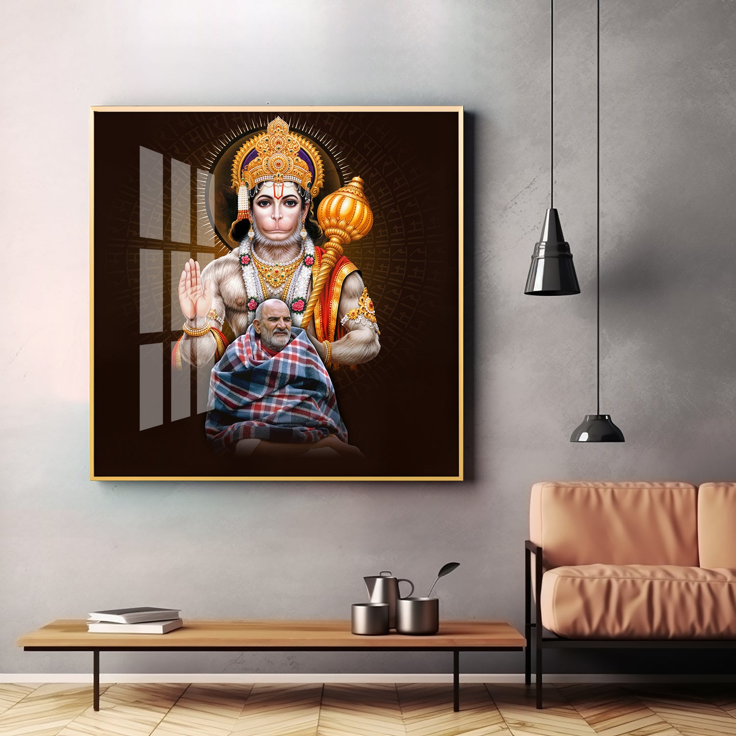 Lord Hanuman Ji and Need Karoli Baba Premium Acrylic Square Wall Art