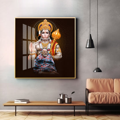 Lord Hanuman Ji and Need Karoli Baba Premium Acrylic Square Wall Art