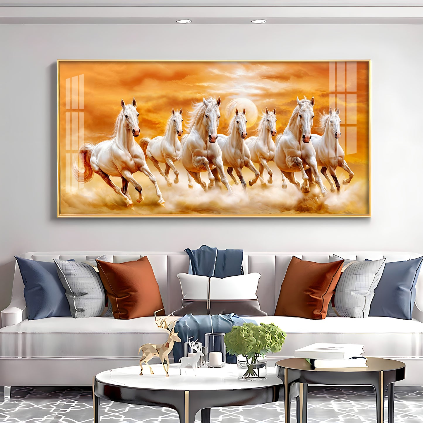 Vastu 7 Running White Horses Premium Acrylic Horizontal Wall Art