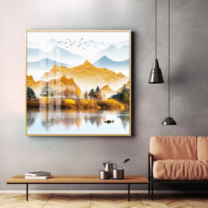 Sun Kissed Mountains Premium Acrylic Square Wall Art - 24X24 inches / Gold