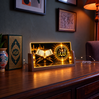 Golden Quran Sharif Acrylic LED Table Lamp - Wooden Stand