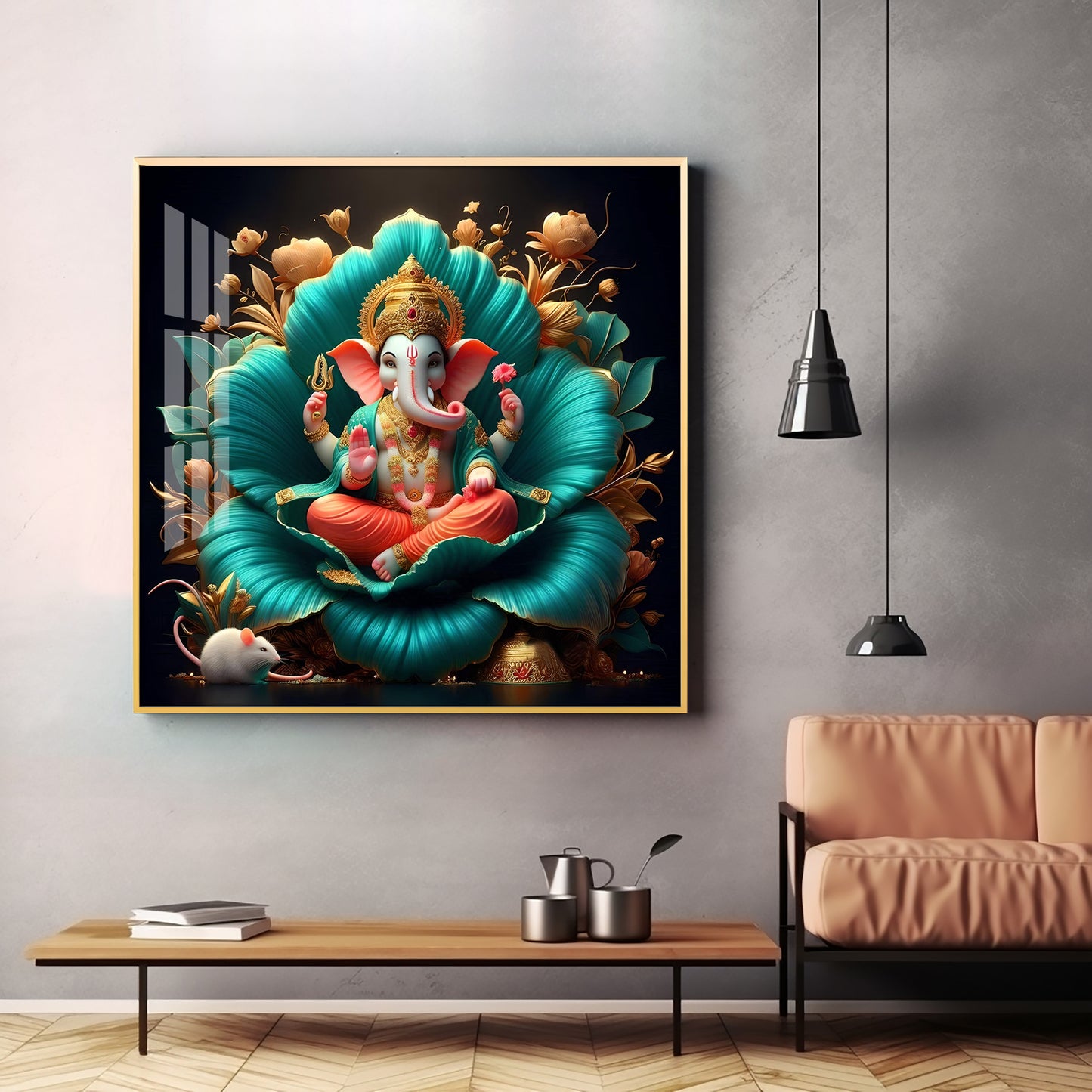 Lord Ganesh Lotus Serenity Premium Acrylic Square Wall Art