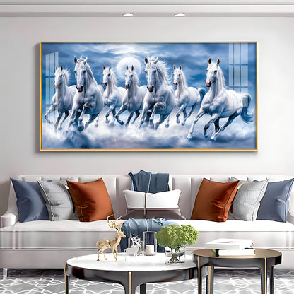 7 White Running Horses With Sunrise Premium Acrylic Horizontal Wall Art