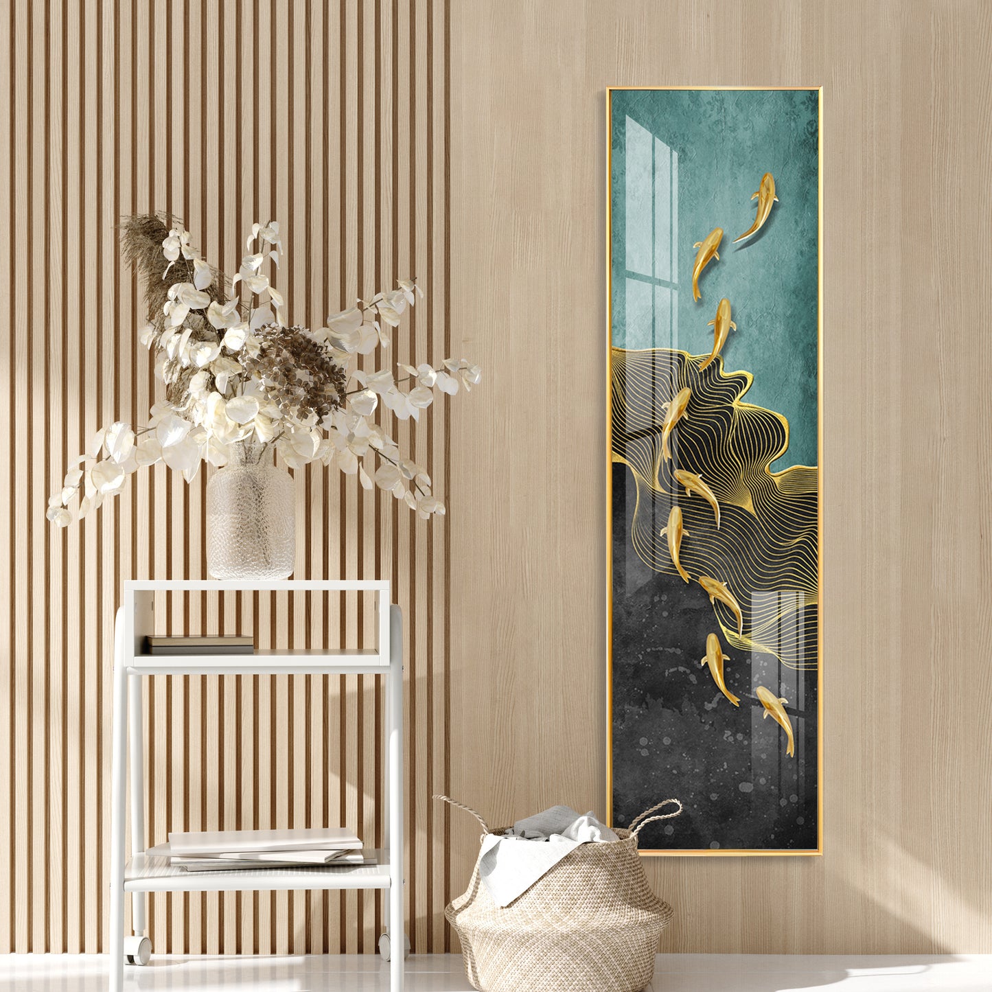 9 Golden Koi Fishes Premium Acrylic Vertical Wall Art