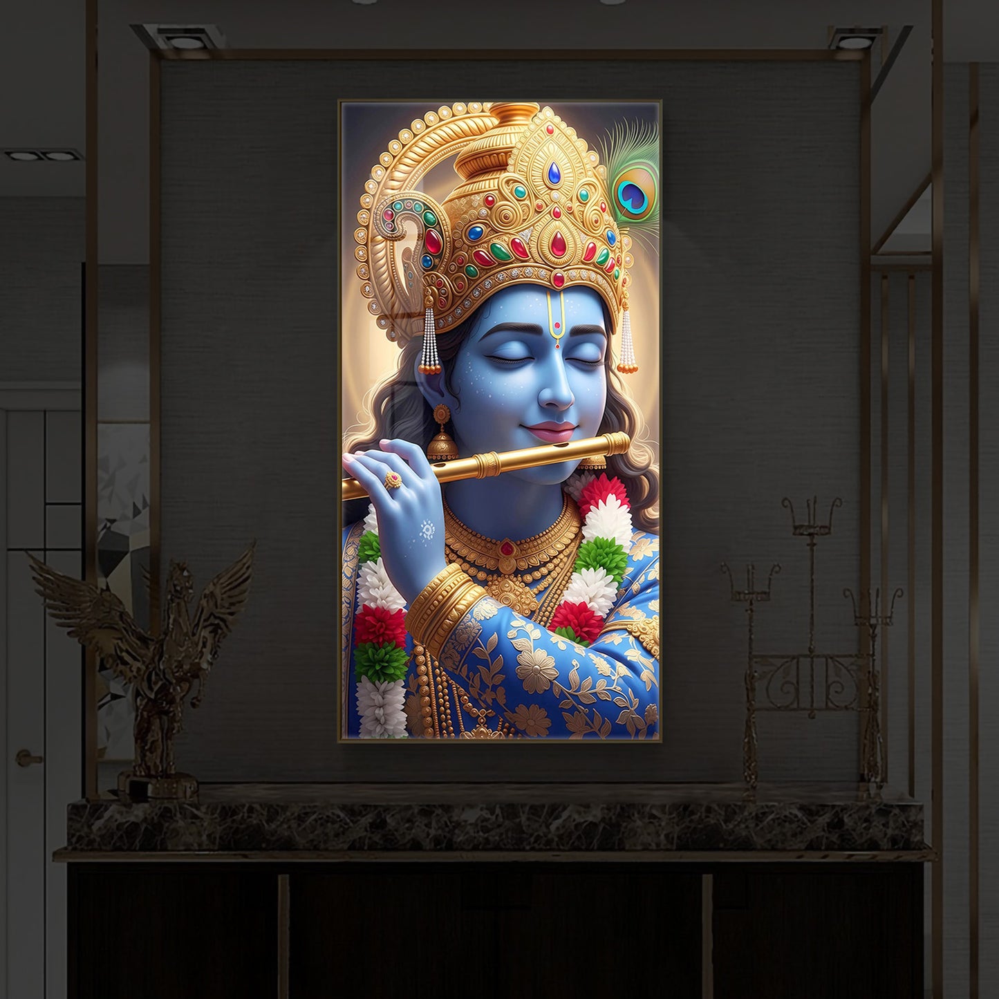 Lord Krishna Modern Luxury Backlight Vertical Wall Art