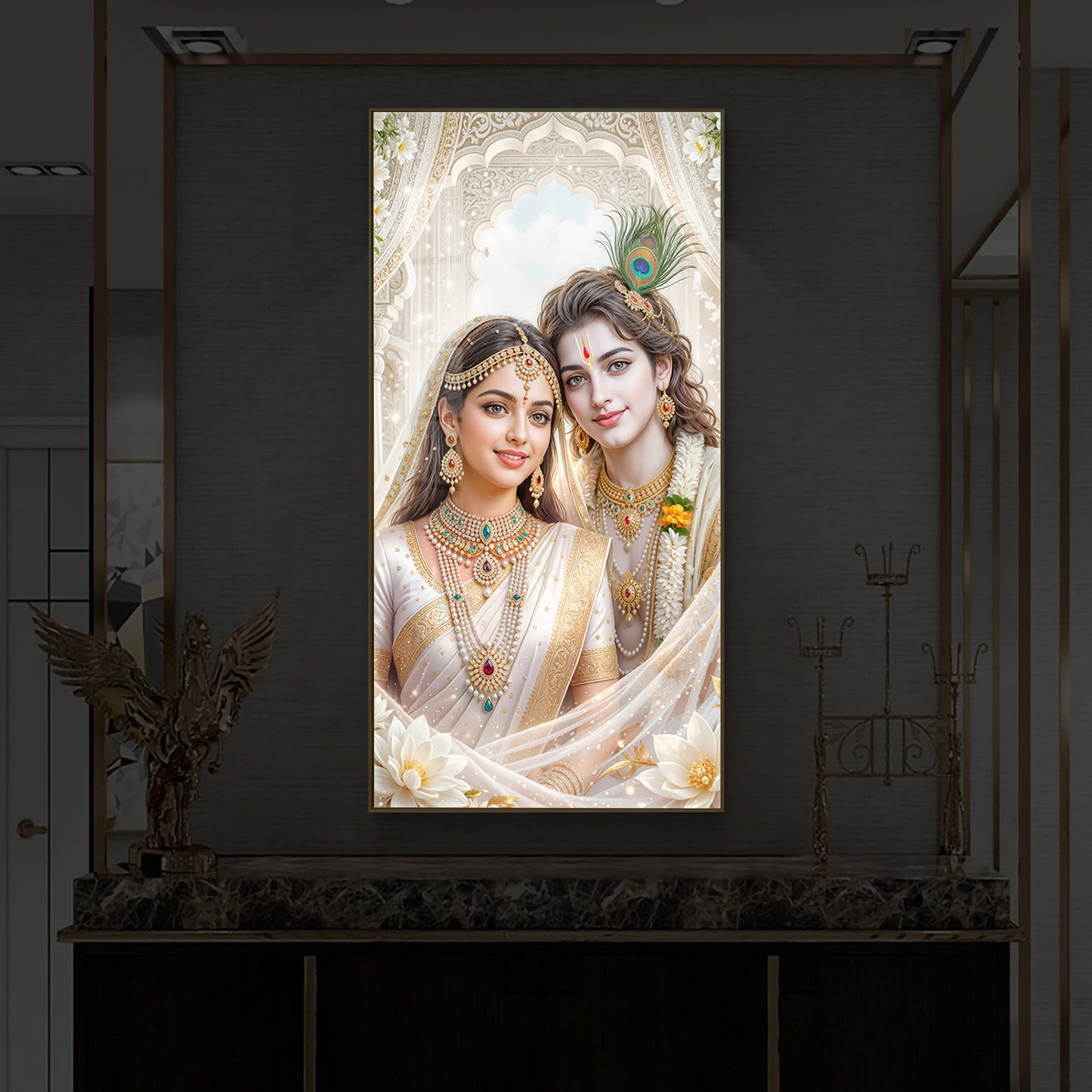 Mystical Love Of Radhe Krishn Modern Luxury Backlight Vertical Wall Art