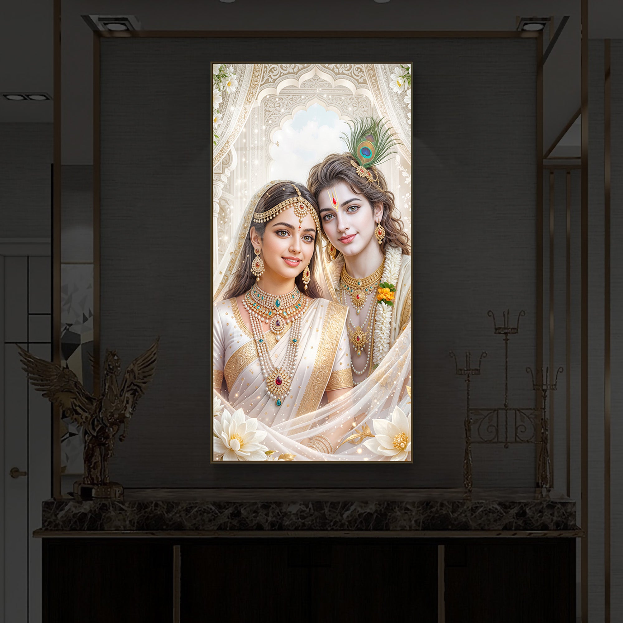 Mystical Love Of Radhe Krishn Modern Luxury Backlight Vertical Wall Art