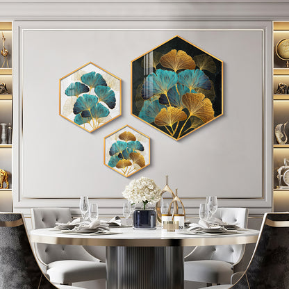 Ginko Leaf Premium Acrylic Hexagon Wall Art (Set of 3)
