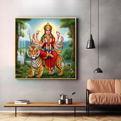 Hindu Goddess With Tiger Premium Acrylic Square Wall Art