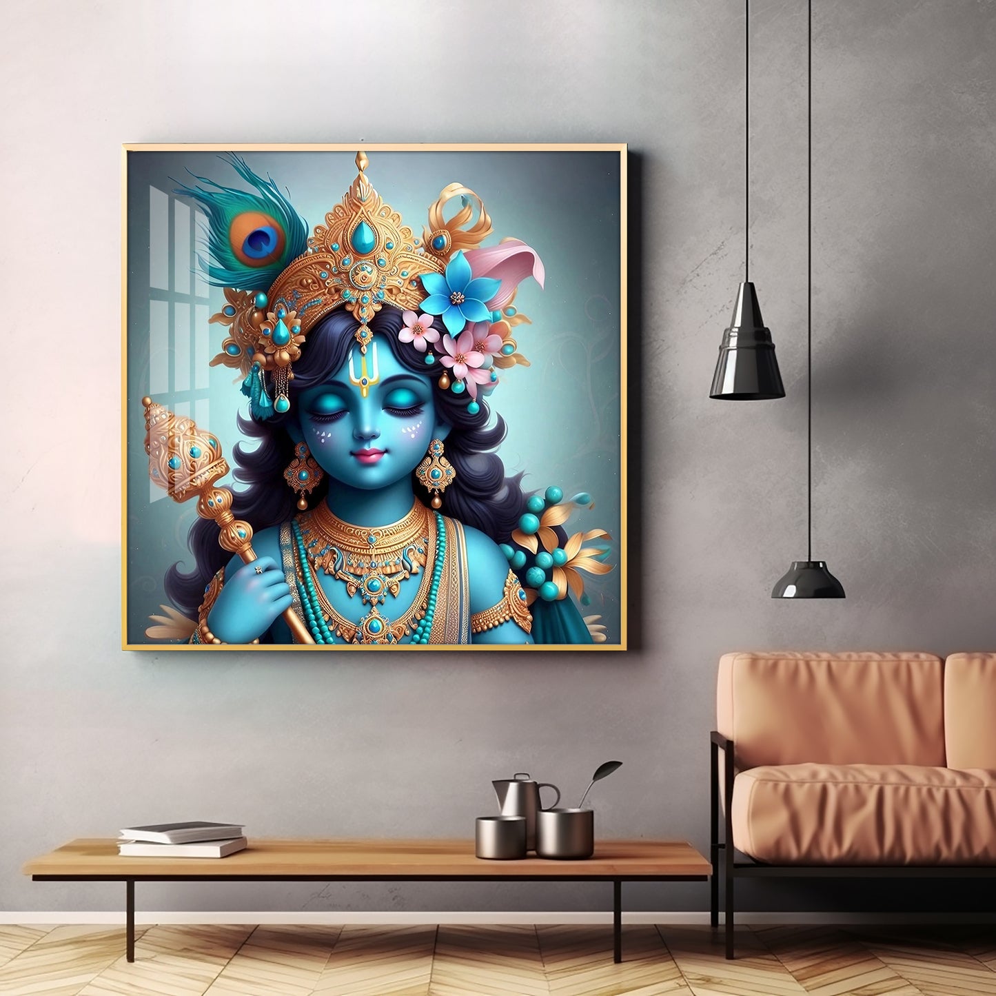 Beautiful Lord Krishna with Flute Premium Acrylic Square Wall Art