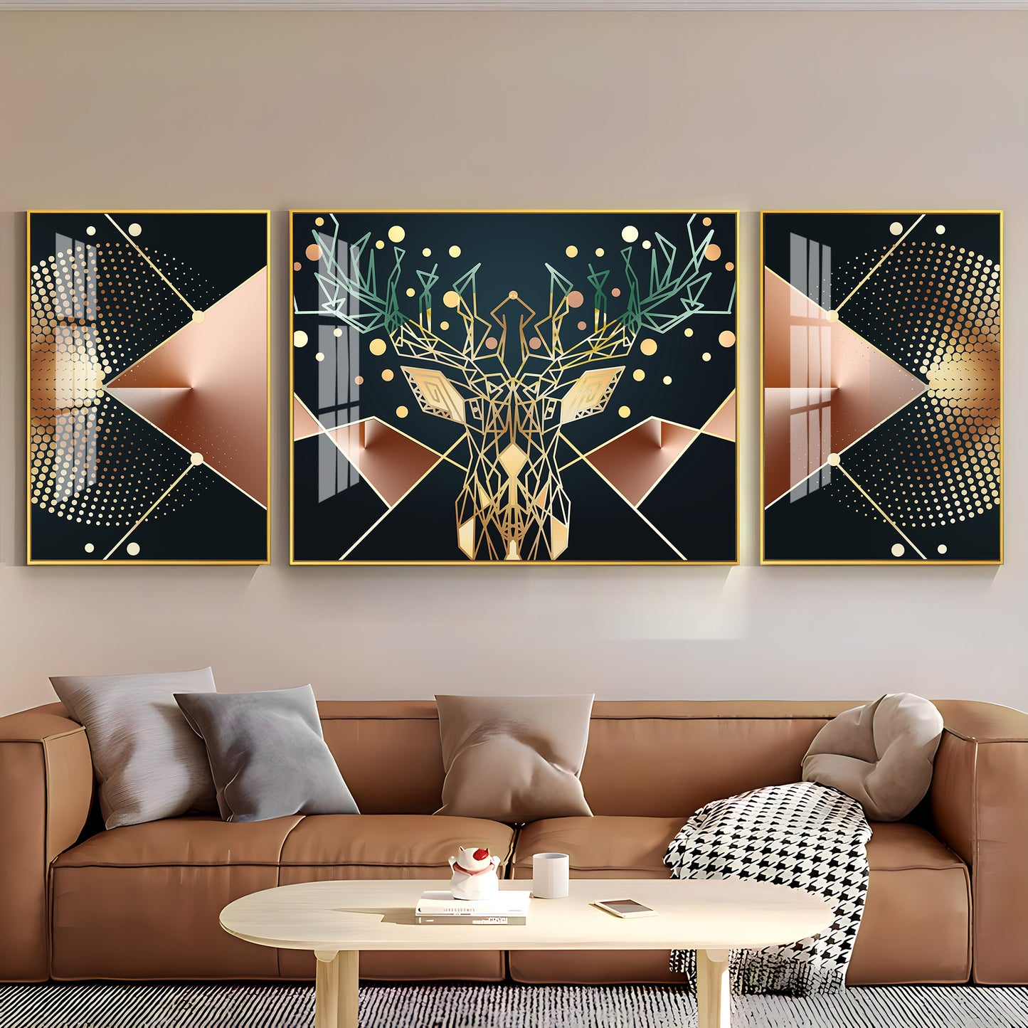 Golden Deer Mural Premium Acrylic Wall Art (Set of 3)