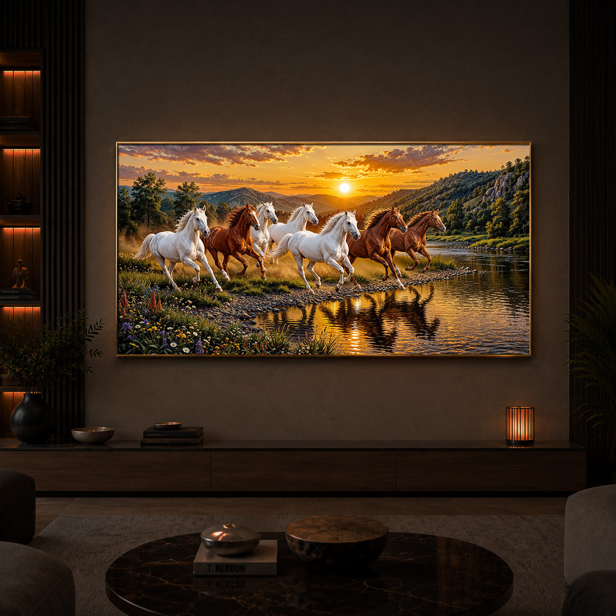 Seven Running Horses With Sunset Splash Modern Luxury Backlight Horizontal Wall Art