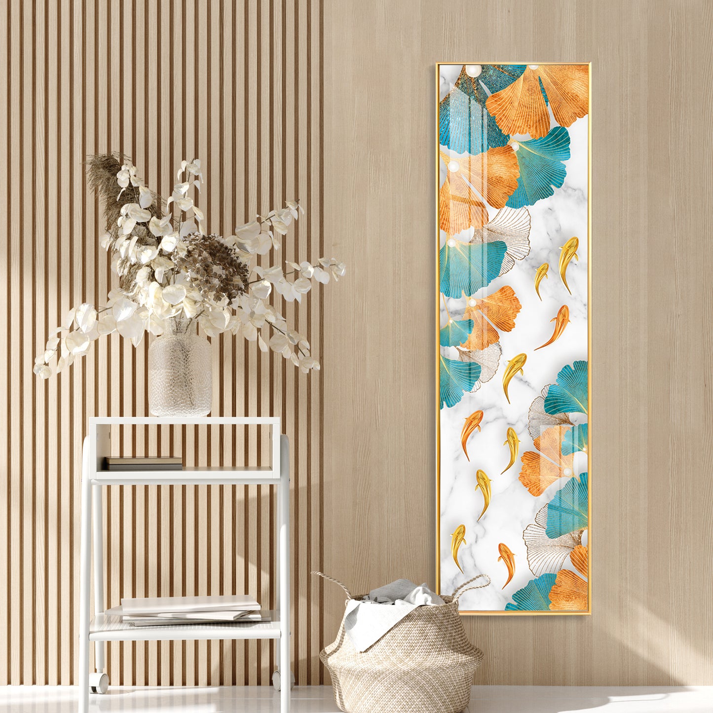 Blue & Gold Ginkgo Leaves Premium Acrylic Vertical Wall Art
