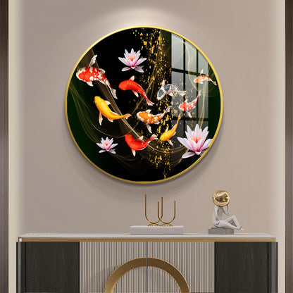 Colorful Koi In Motion Premium Acrylic Round Wall Art