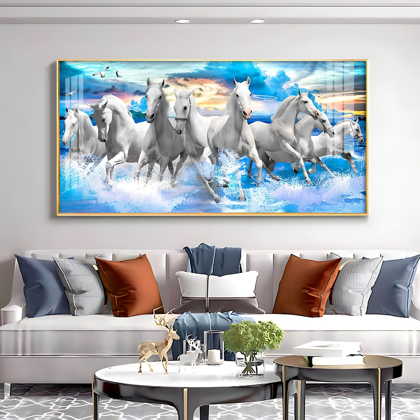 Vastu Running Horses With Sunrise Premium Acrylic Horizontal Wall Art