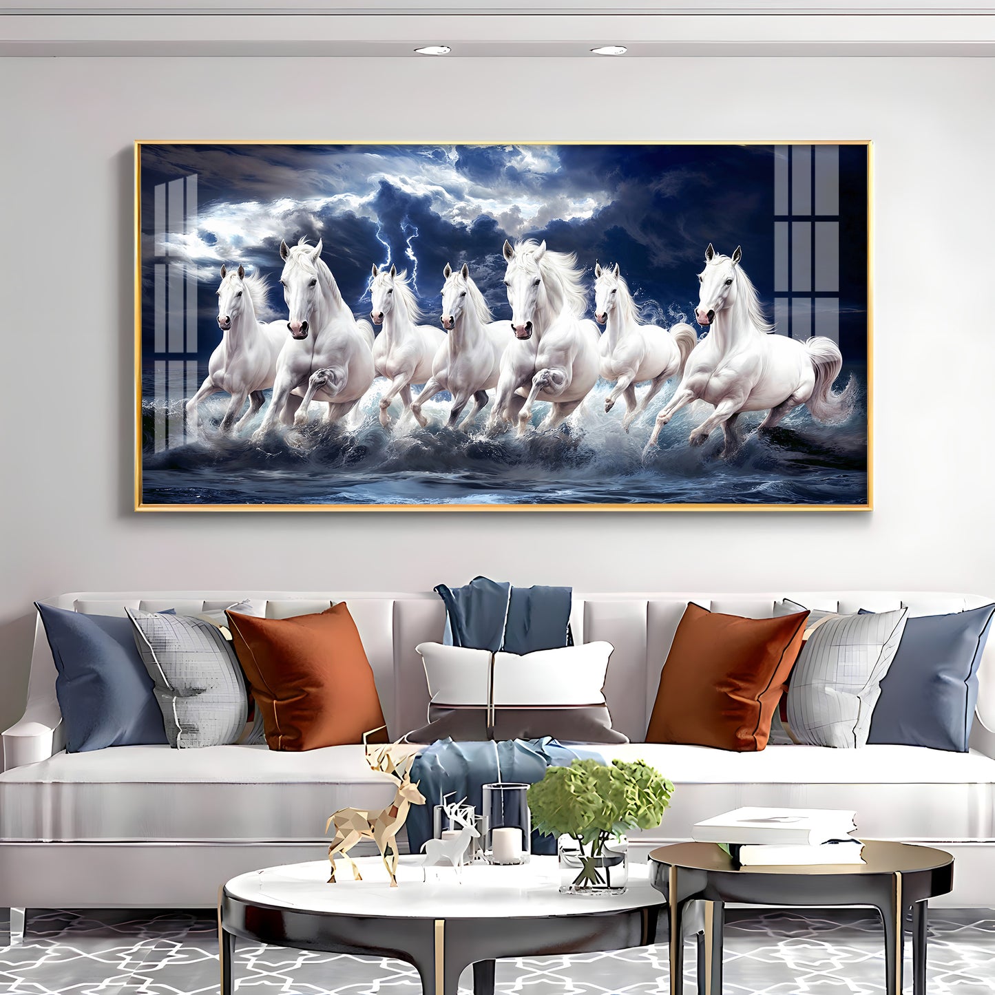 Seven White Horses Gallop In the Sea Premium Acrylic Horizontal Wall Art