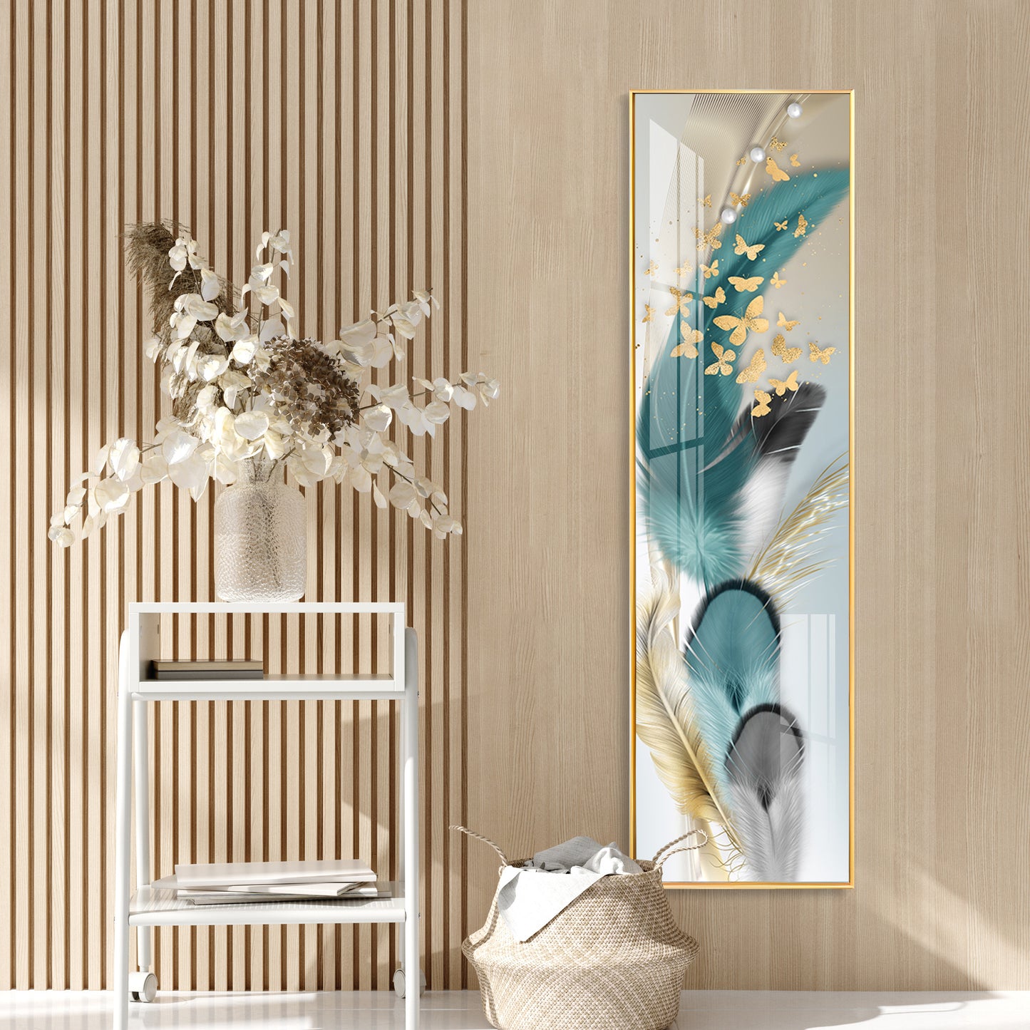Colorful Feathers With Butterfly Premium Acrylic Vertical Wall Art