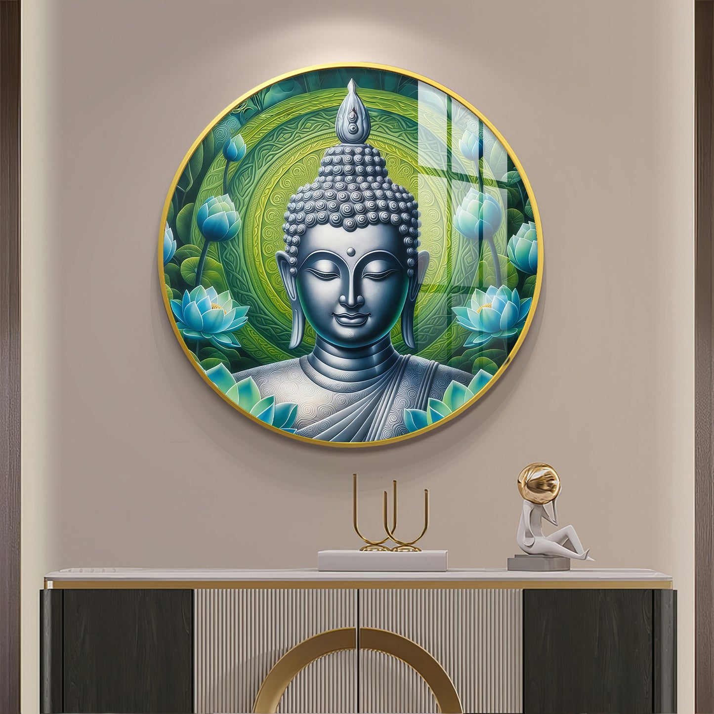 Sacred Buddha In Silver Premium Acrylic Round Wall Art