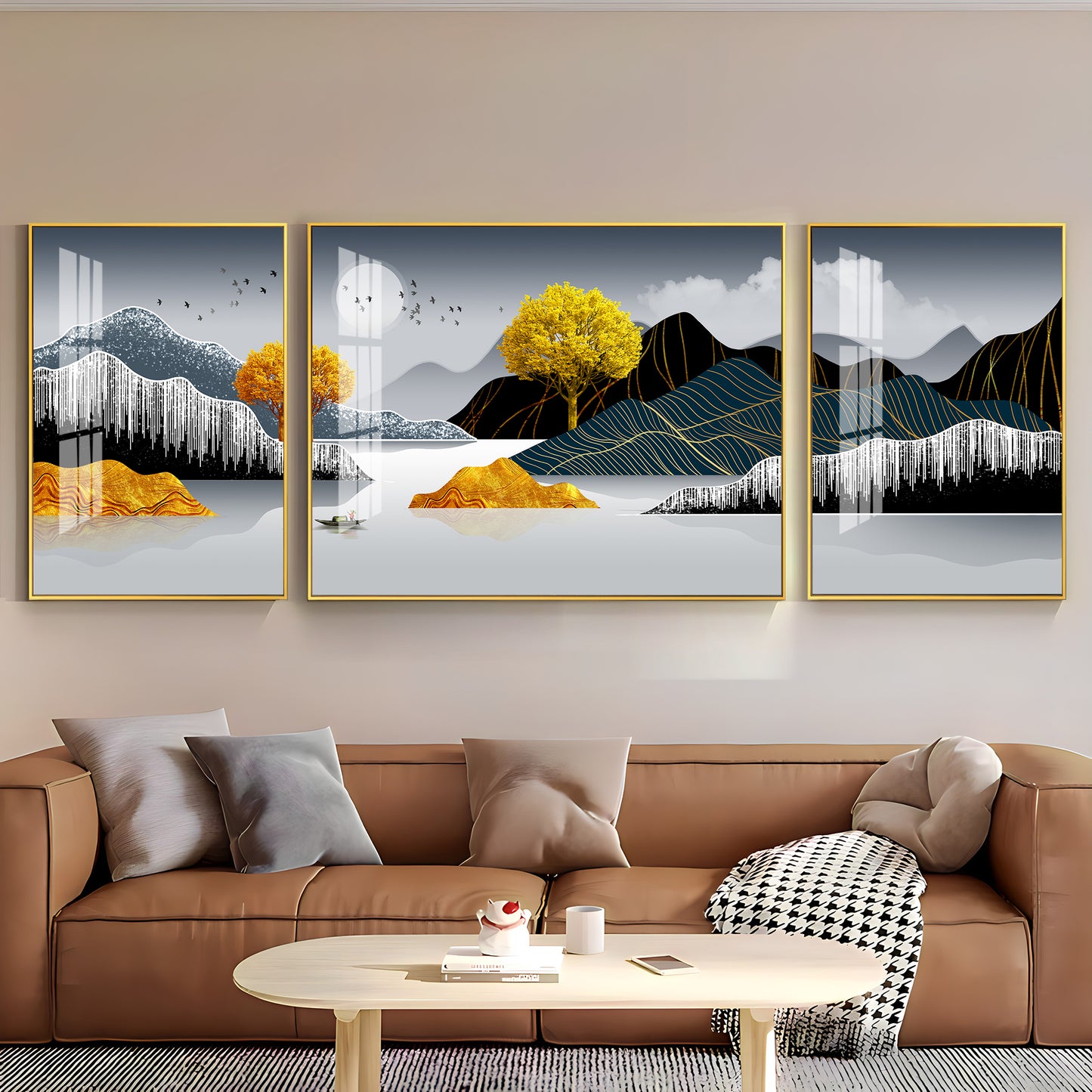 Mountains With Golden Tree Premium Acrylic Wall Art (Set of 3)