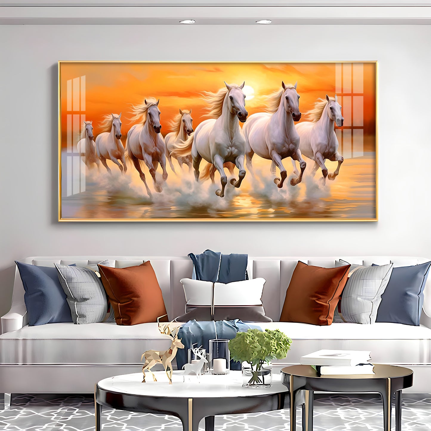 Seven White Running Horses With Sunrise Premium Acrylic Horizontal Wall Art