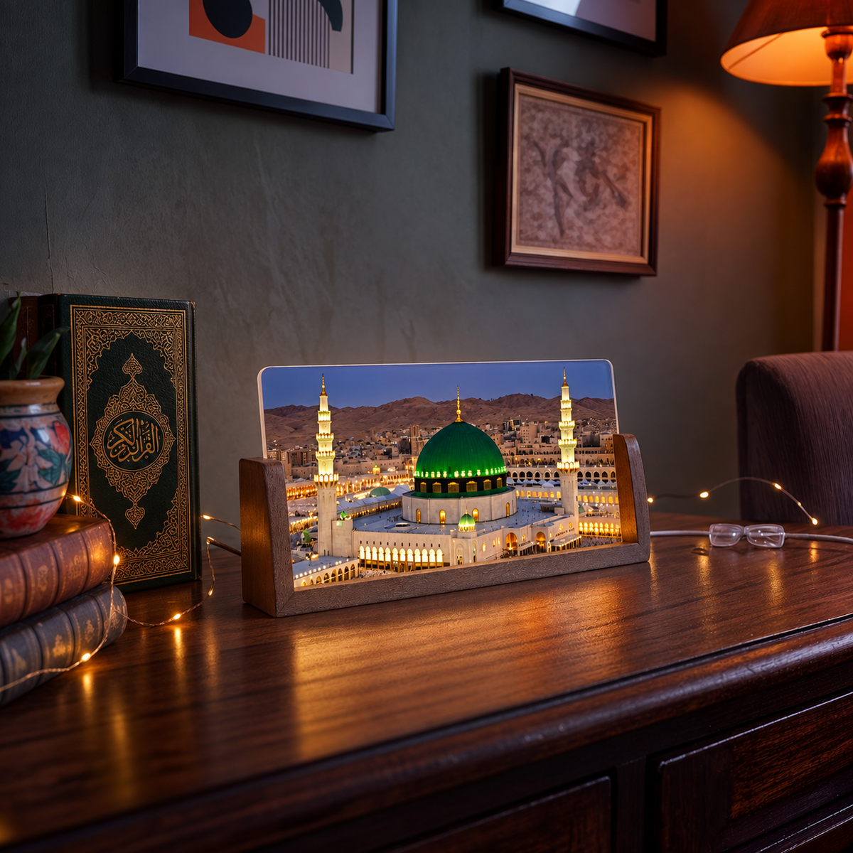 Sacred Madina Sharif Acrylic LED Table Lamp - Wooden Stand