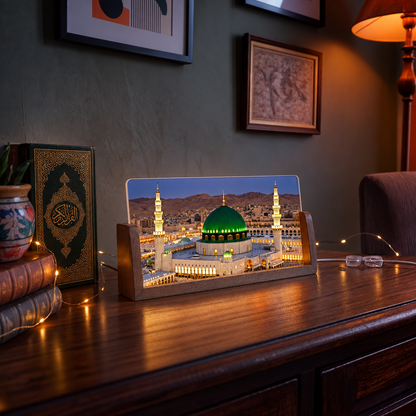 Sacred Madina Sharif Acrylic LED Table Lamp - Wooden Stand