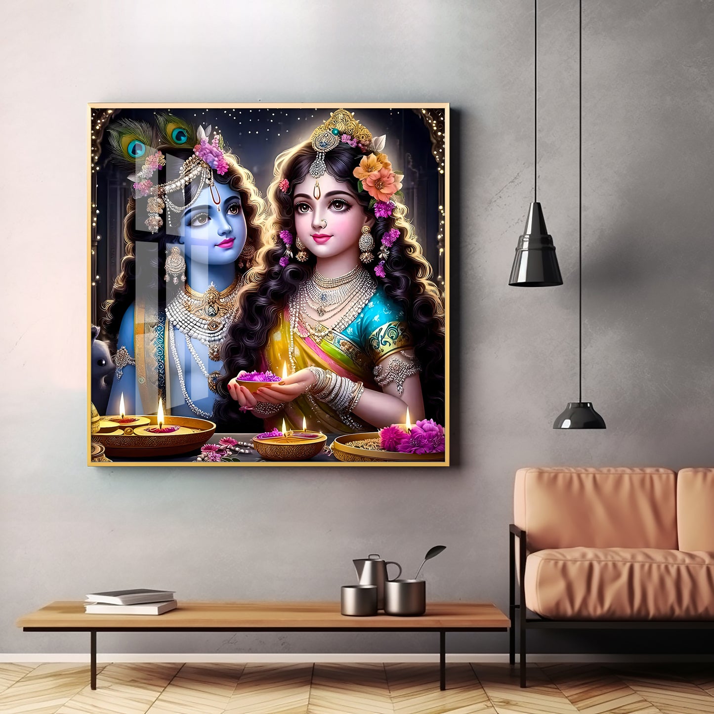 Glowing Krishna Radha Premium Acrylic Square Wall Art