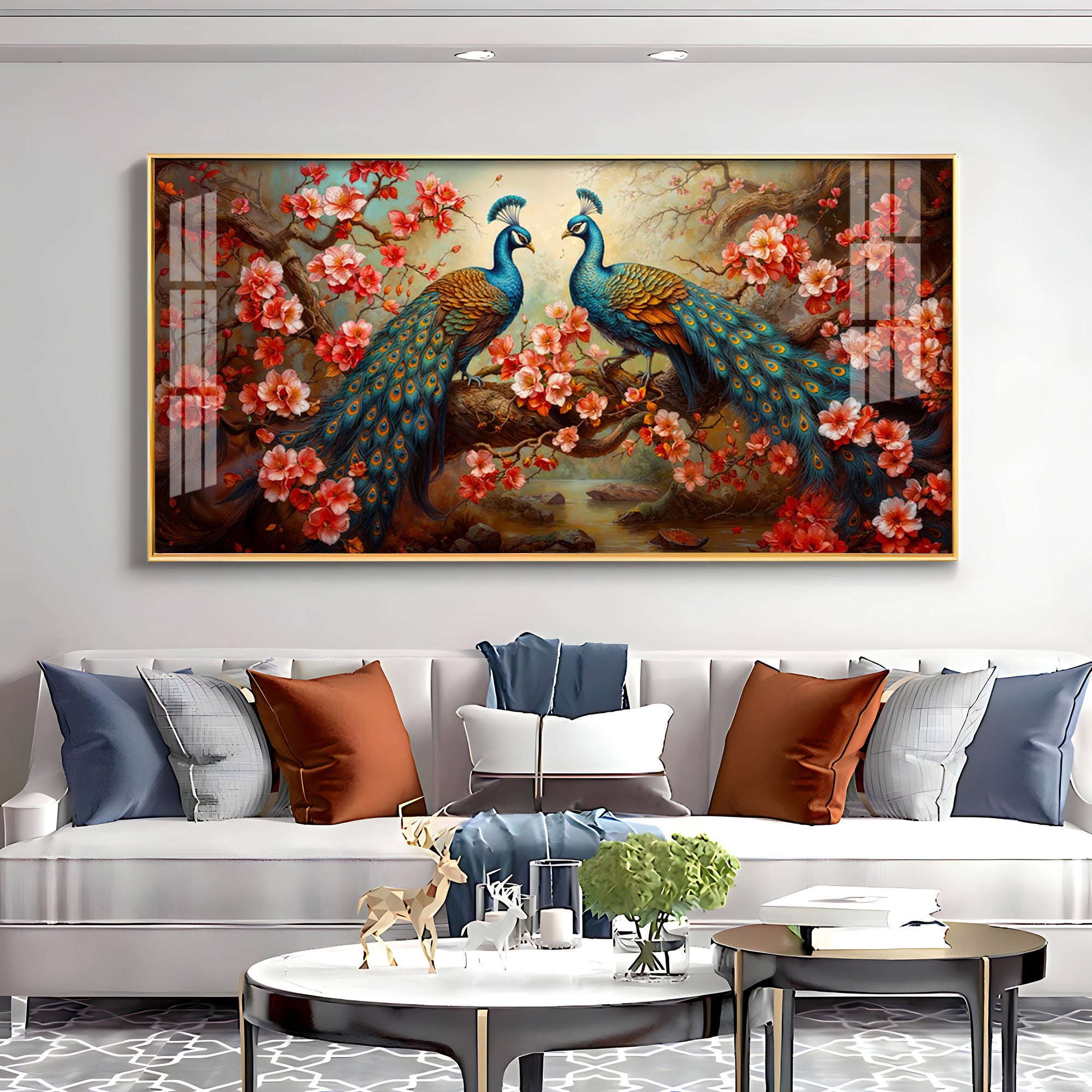 Regal Feathers With Red Blossom Premium Acrylic Horizontal Wall Art