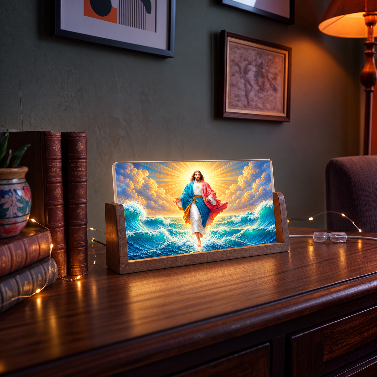 Divine Jesus Acrylic LED Table Lamp - Wooden Stand
