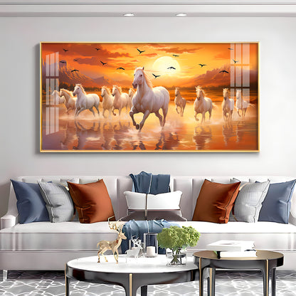 White Running Horses With Sunrise Premium Acrylic Horizontal Wall Art