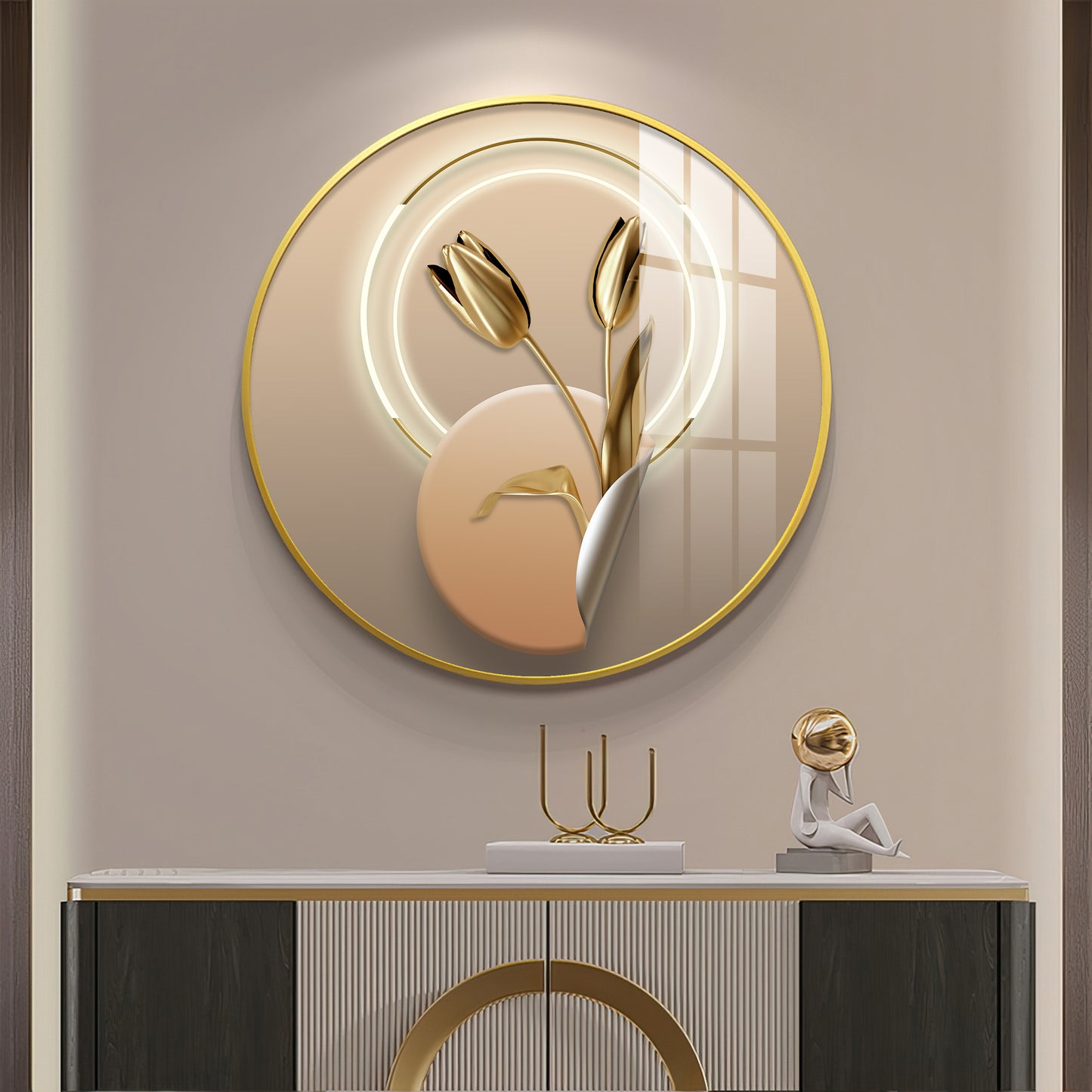 Golden Petal Premium Acrylic Round Wall Art