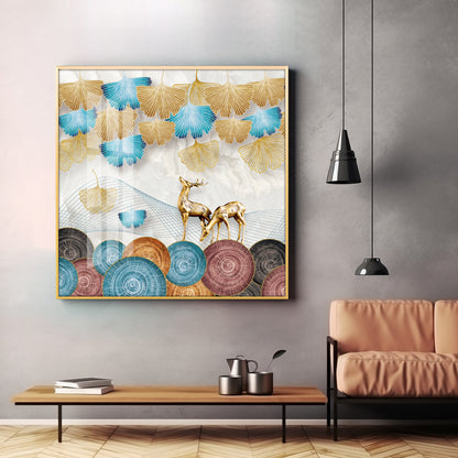 Golden Deer With Ginkgo Leaf Premium Acrylic Square Wall Art