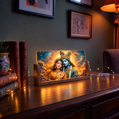 Divine Radha Krishna Acrylic LED Table Lamp - Wooden Stand