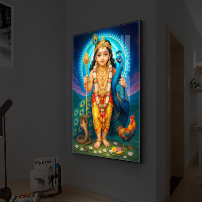 Lord Murugan Ji Modern Luxury Backlight Vertical Wall Art