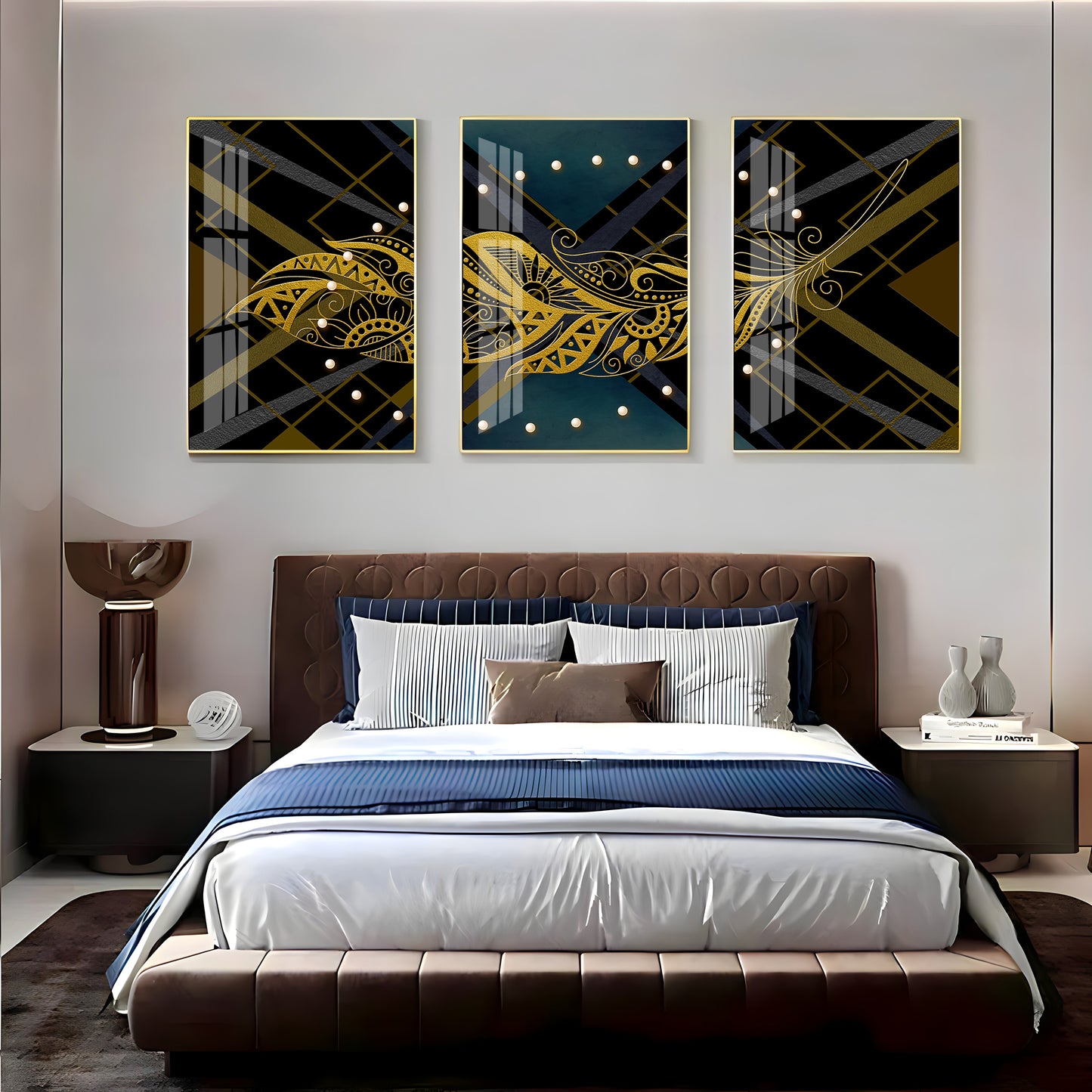 Golden Plume Traid Premium Acrylic Wall Art (Set of 3)